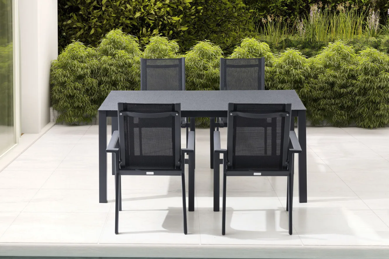OUTFLEXX Garten-Essgruppe, anthrazit matt, Alu/Spraystone/Textilen, 160x95 cm, 4 Stapelsessel