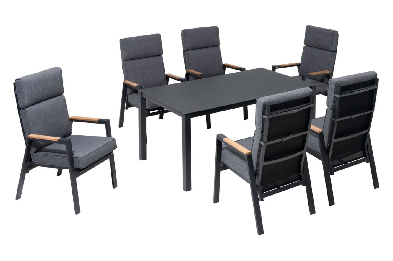 OUTFLEXX Garten-Essgruppe, anthrazit matt, Alu/Spraystone/Polyester, 160x95 cm, 6 Sessel, inkl. Polster