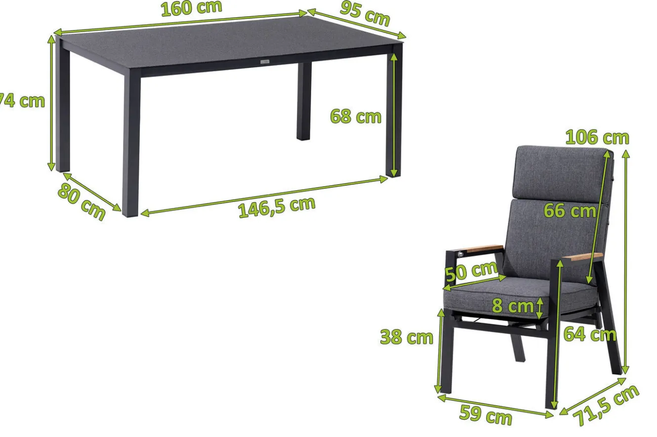 OUTFLEXX Garten-Essgruppe, anthrazit matt, Alu/Spraystone/Polyester, 160x95 cm, 6 Sessel, inkl. Polster