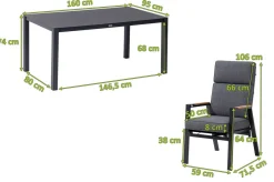 OUTFLEXX Garten-Essgruppe, anthrazit matt, Alu/Spraystone/Polyester, 160x95 cm, 6 Sessel, inkl. Polster