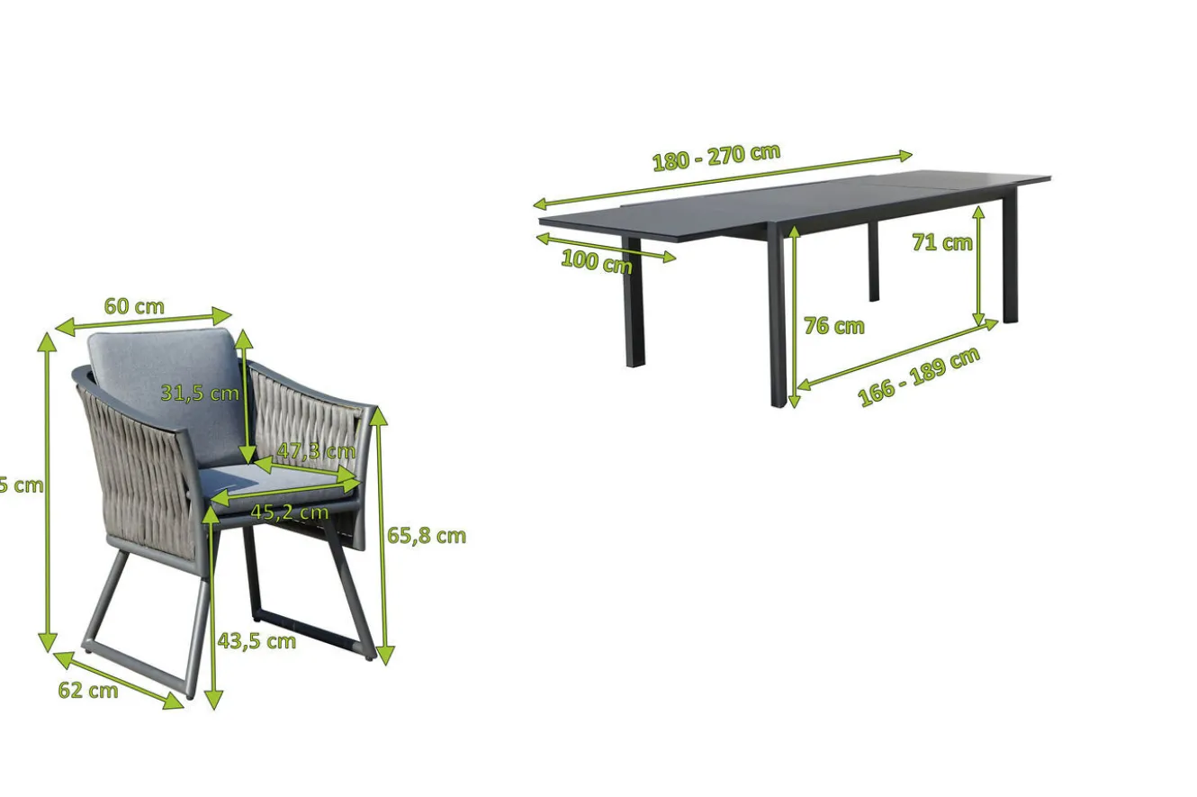 OUTFLEXX Garten-Essgruppe, anthrazit, Alu, Ausziehtisch 180/270x100 cm, 8 Sessel