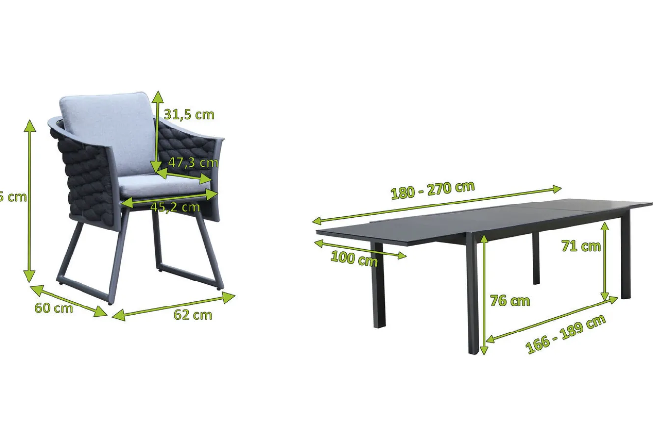 OUTFLEXX Garten-Essgruppe, anthrazit, Aluminium, Ausziehtisch 180/270x100 cm, 8 Sessel