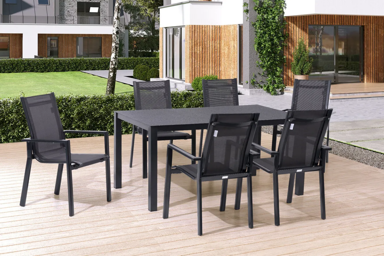 OUTFLEXX Garten-Essgruppe, anthrazit, Alu/Spraystone/Textilen, 160x95 cm, 6 Stapelsessel
