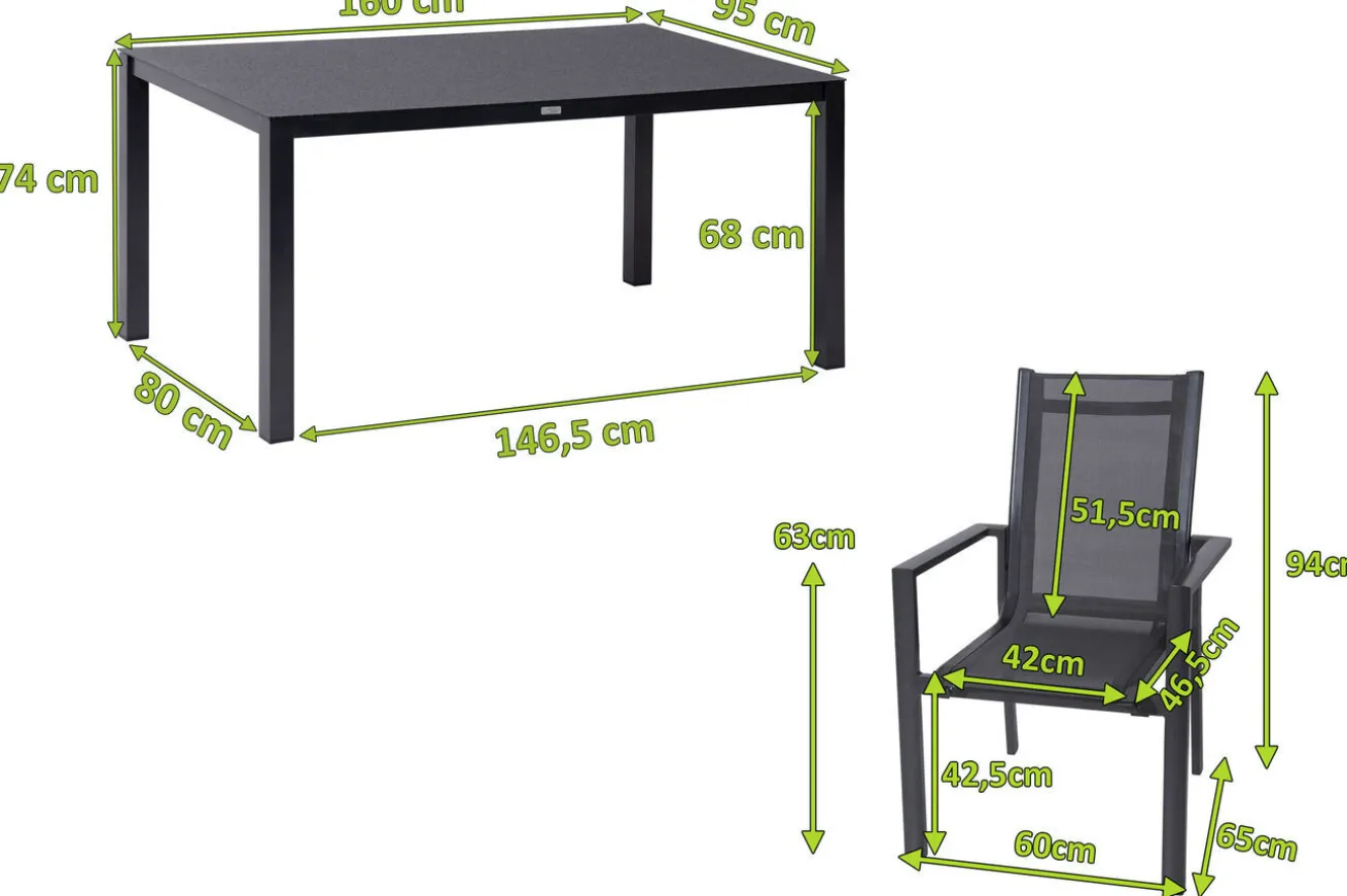 OUTFLEXX Garten-Essgruppe, anthrazit, Alu/Spraystone/Textilen, 160x95 cm, 6 Stapelsessel