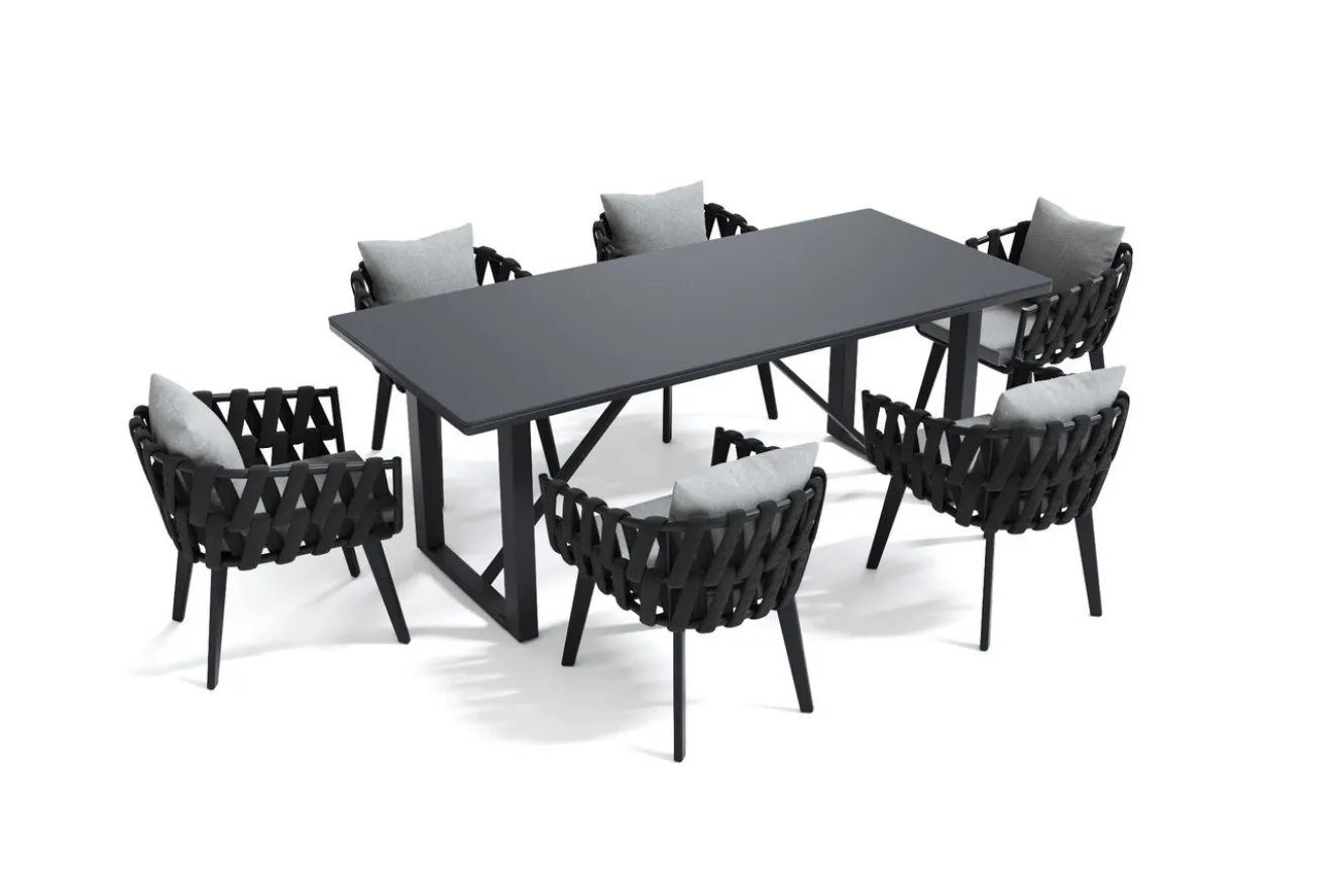 OUTFLEXX Garten-Essgruppe, anthrazit, Aluminium/Glaskeramik, Tisch, 6 Sessel