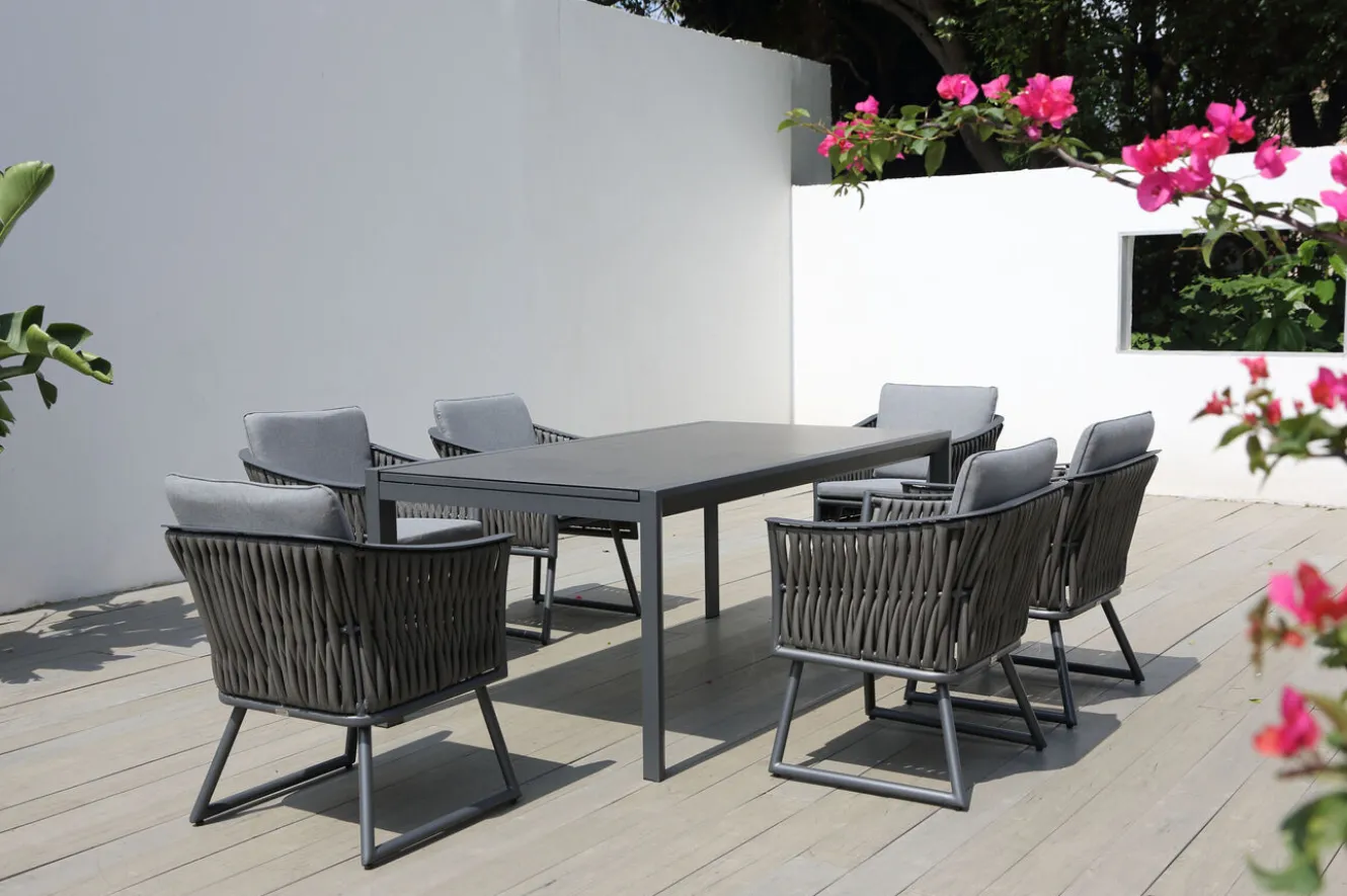 OUTFLEXX Garten-Essgruppe, anthrazit, Alu, Ausziehtisch 180/270x100 cm, 6 Sessel