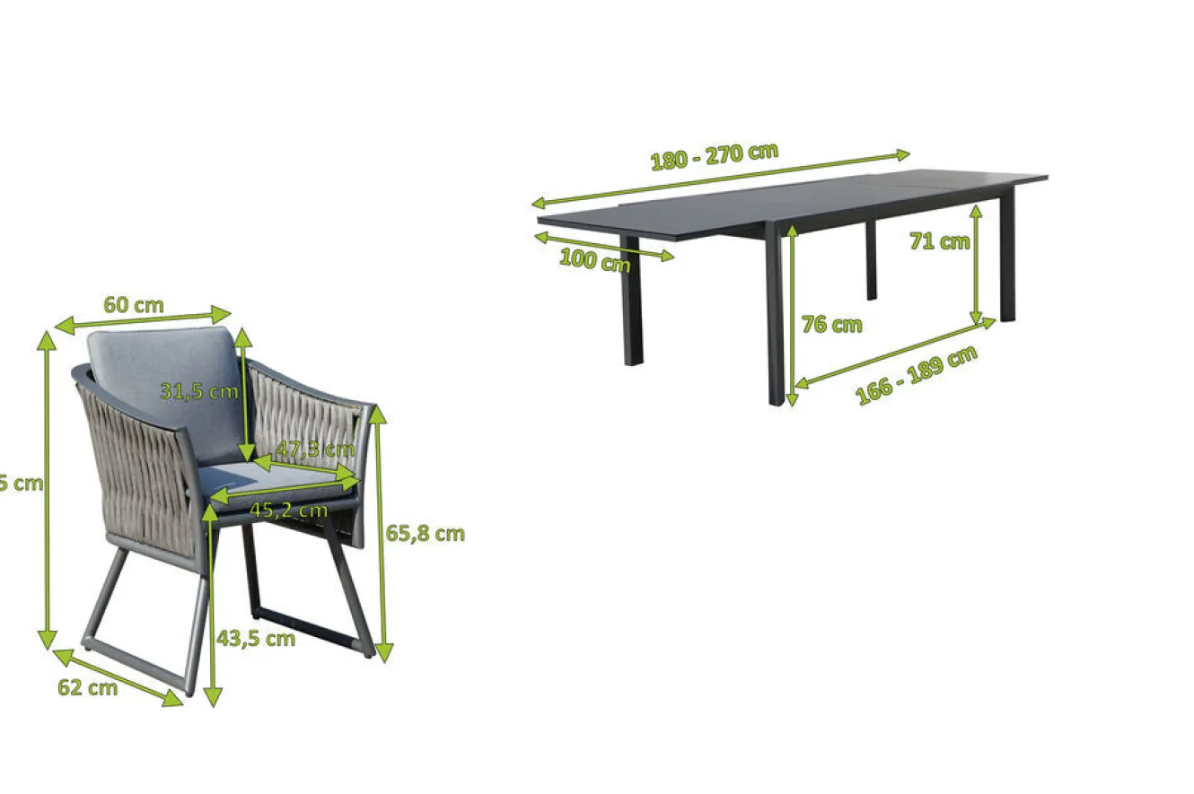 OUTFLEXX Garten-Essgruppe, anthrazit, Alu, Ausziehtisch 180/270x100 cm, 6 Sessel
