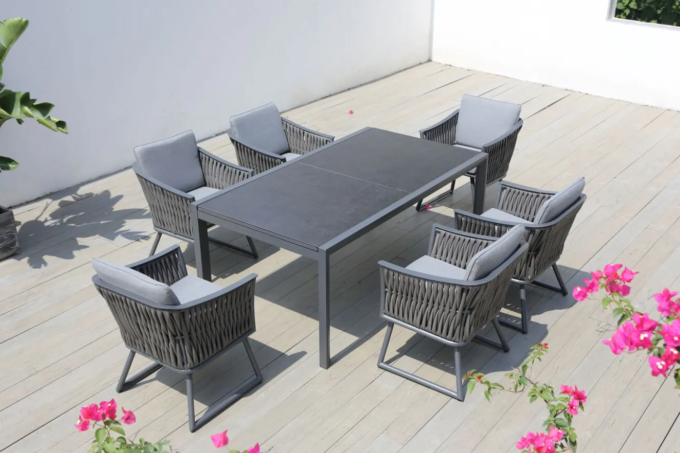 OUTFLEXX Garten-Essgruppe, anthrazit, Alu, Ausziehtisch 180/270x100 cm, 6 Sessel