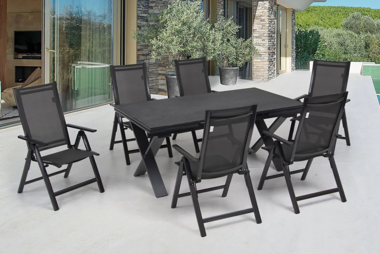 OUTFLEXX Garten-Essgruppe, anthrazit, Alu / Keramik / Textil, 180/280x100cm, 6 Klappstühle
