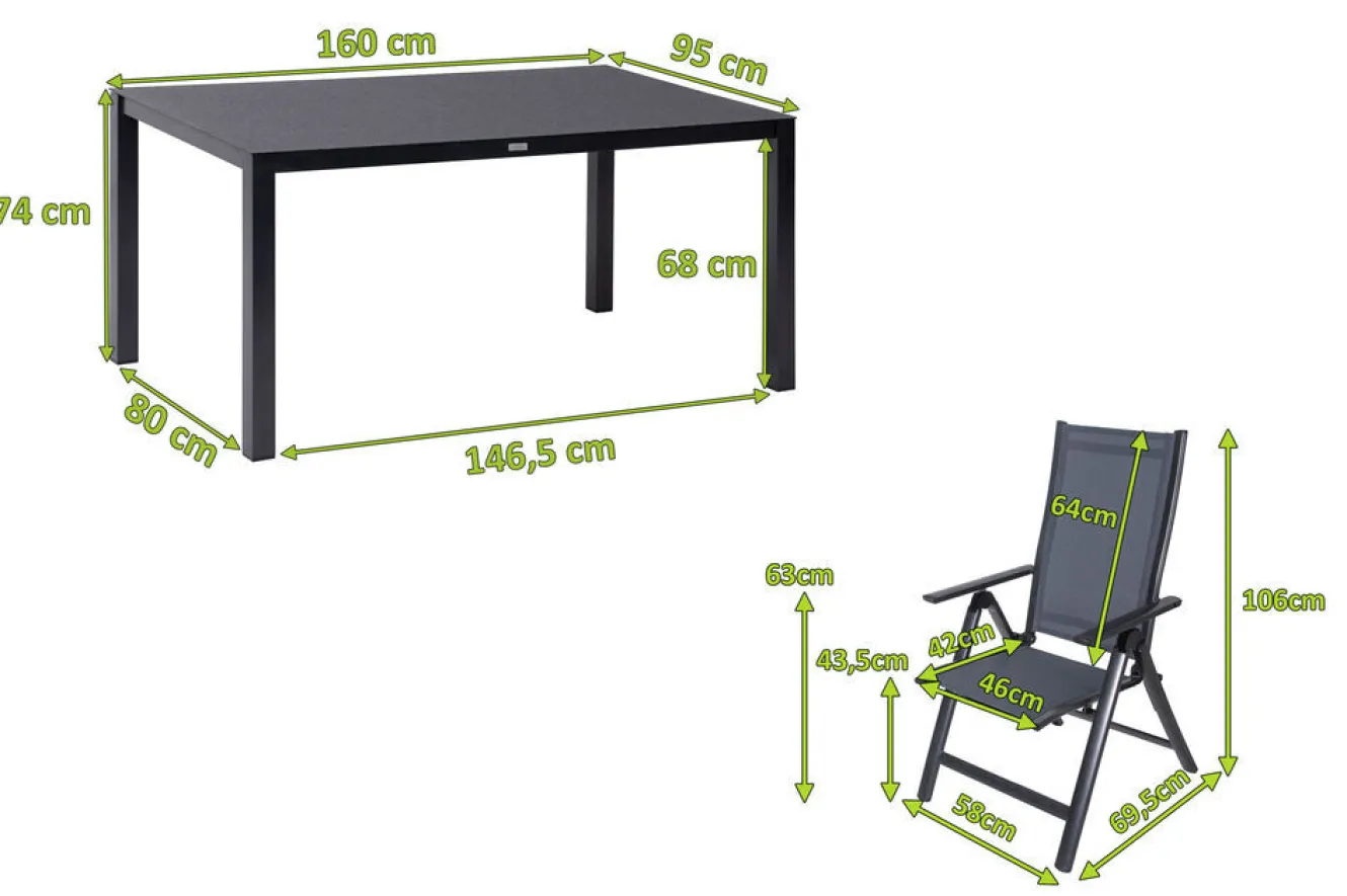 OUTFLEXX Garten-Essgruppe, anthrazit, Alu/Spraystone/Textilen, 160x95 cm, 4 Klappstühle
