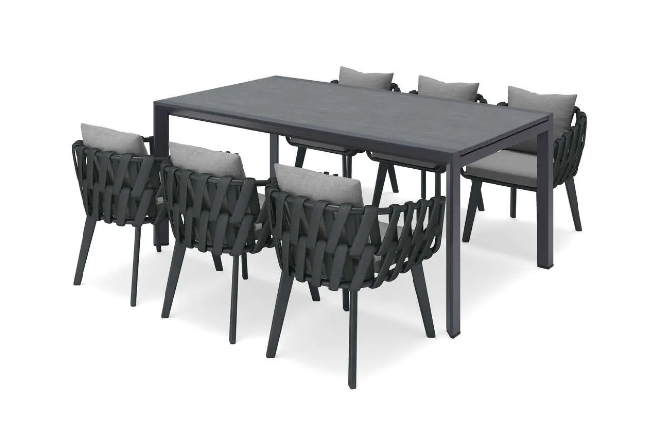 OUTFLEXX Garten-Essgruppe, anthrazit, Aluminium/Glaskeramik, Ausziehtisch, 6 Sessel