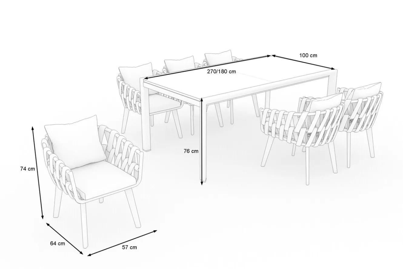 OUTFLEXX Garten-Essgruppe, anthrazit, Aluminium/Glaskeramik, Ausziehtisch, 6 Sessel