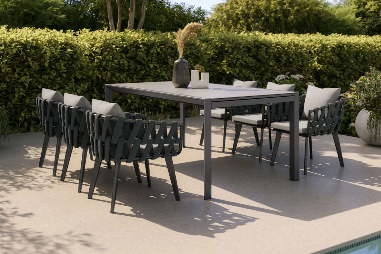 OUTFLEXX Garten-Essgruppe, anthrazit, Aluminium/Glaskeramik, Ausziehtisch, 6 Sessel