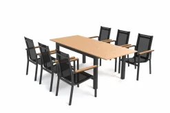 OUTFLEXX Garten-Essgruppe, anthrazit matt, Alu/Teak/Textilene, Tisch 150/210 x 90 cm, 6 Stapelsessel