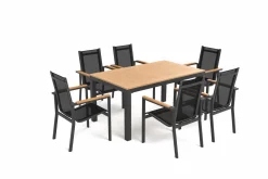 OUTFLEXX Garten-Essgruppe, anthrazit matt, Alu/Teak/Textilene, Tisch 150/210 x 90 cm, 6 Stapelsessel
