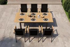 OUTFLEXX Garten-Essgruppe, anthrazit matt, Alu/Teak/Textilene, Tisch 150/210 x 90 cm, 6 Stapelsessel