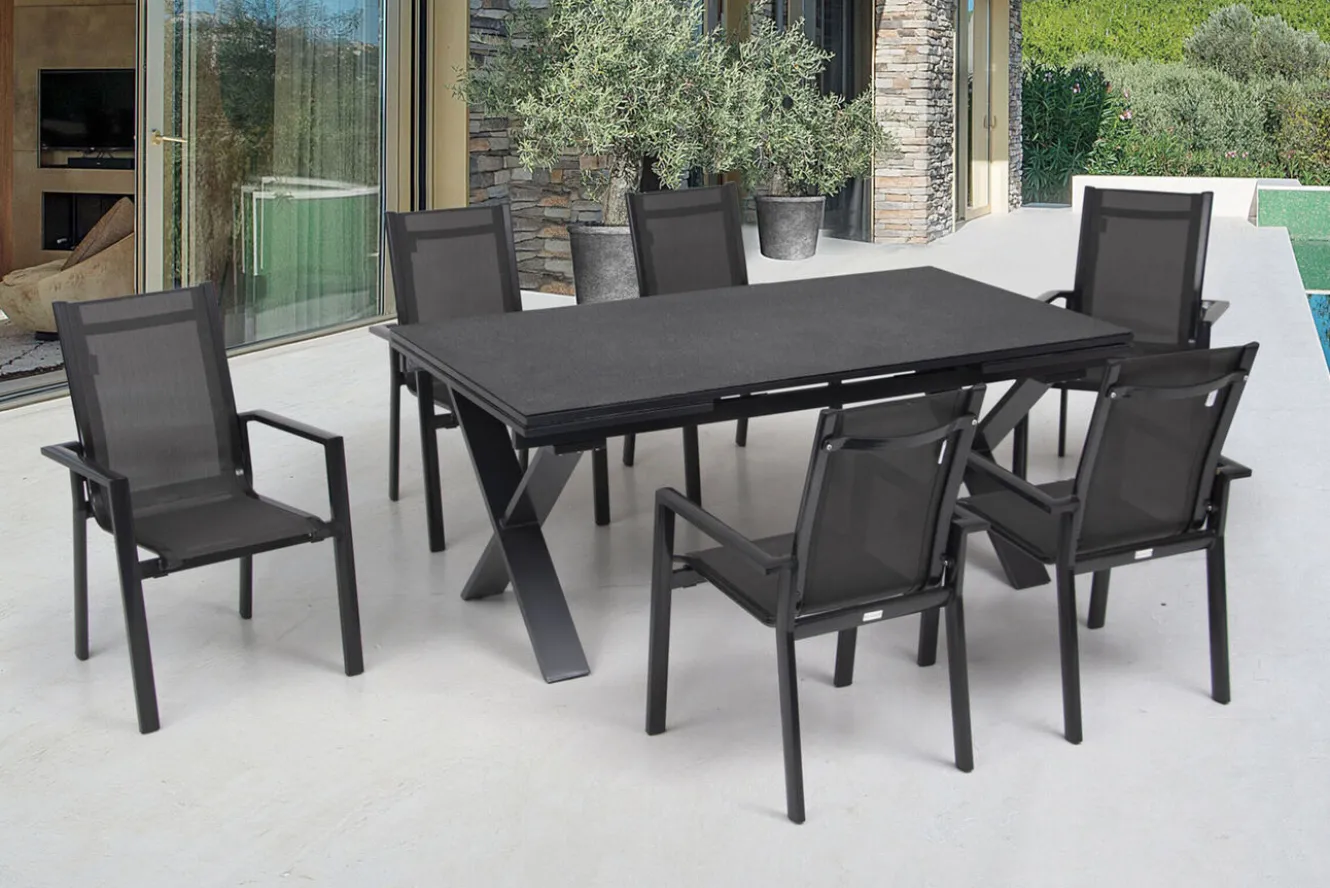 OUTFLEXX Garten-Essgruppe, anthrazit, Alu / Keramik / Textil, 180/280x100cm, 6 Stapelsessel