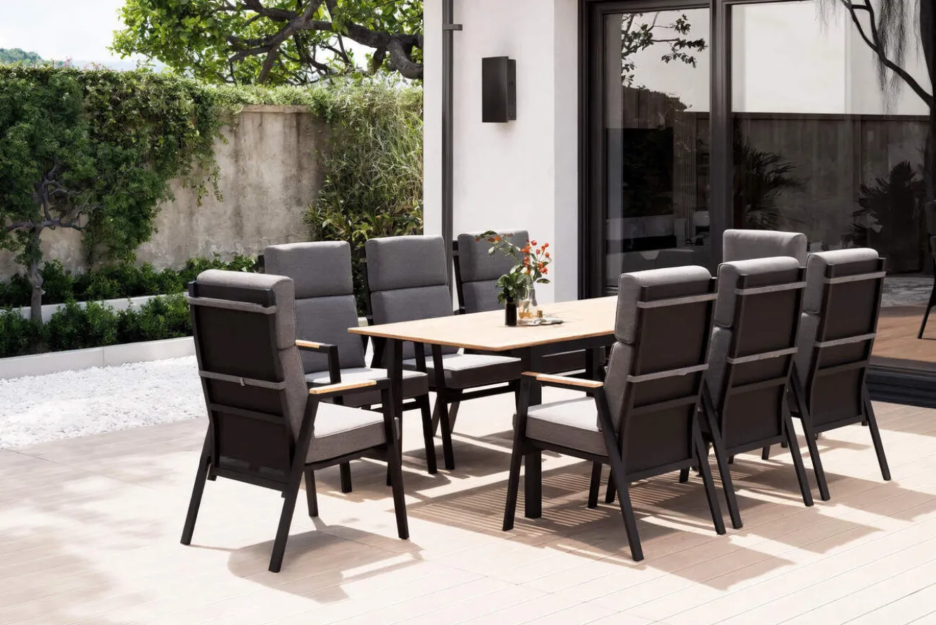 OUTFLEXX Garten-Essgruppe, Anthrazit Matt, Aluminium/Teak, Ausziehtisch ca. 183/243x100 cm, 8 Sessel