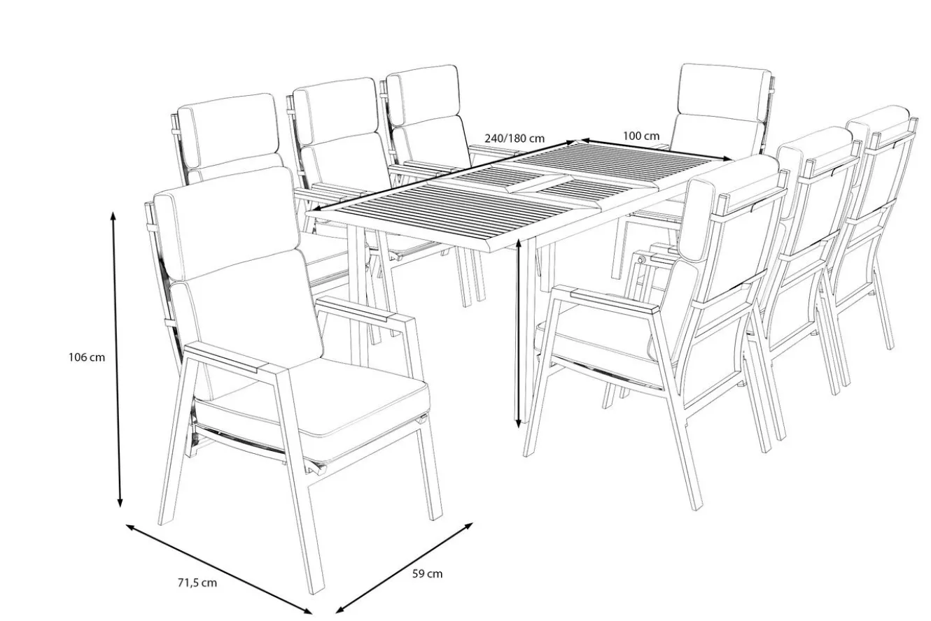 OUTFLEXX Garten-Essgruppe, Anthrazit Matt, Aluminium/Teak, Ausziehtisch ca. 183/243x100 cm, 8 Sessel