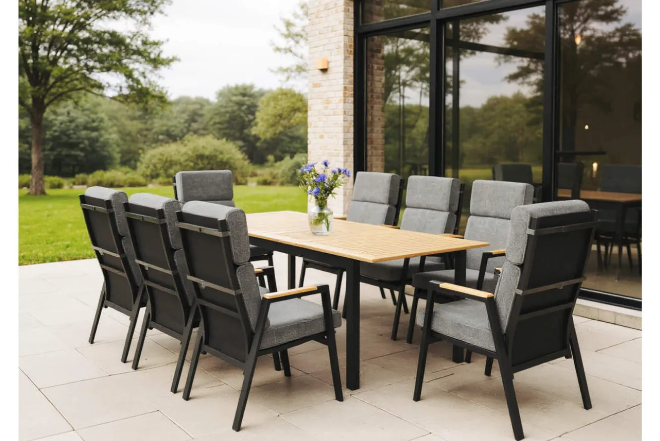 OUTFLEXX Garten-Essgruppe, Anthrazit Matt, Aluminium/Teak, Ausziehtisch ca. 183/243x100 cm, 8 Sessel