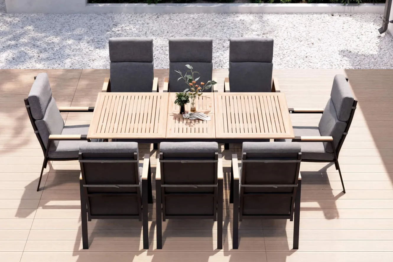 OUTFLEXX Garten-Essgruppe, Anthrazit Matt, Aluminium/Teak, Ausziehtisch ca. 183/243x100 cm, 8 Sessel