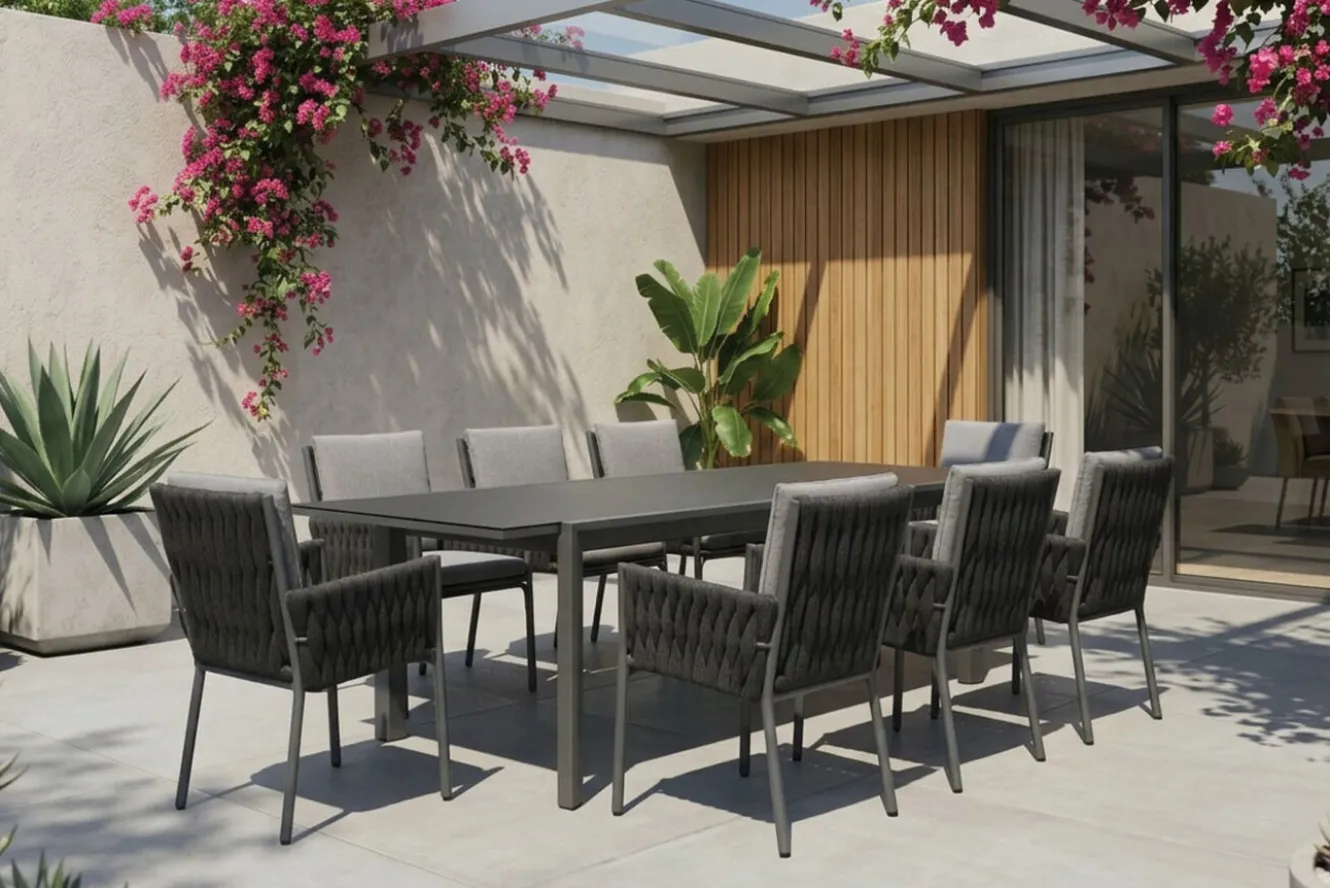 OUTFLEXX Garten-Essgruppe, anthrazit, Alu, Ausziehtisch 180/270x100 cm, 8 Diningsessel