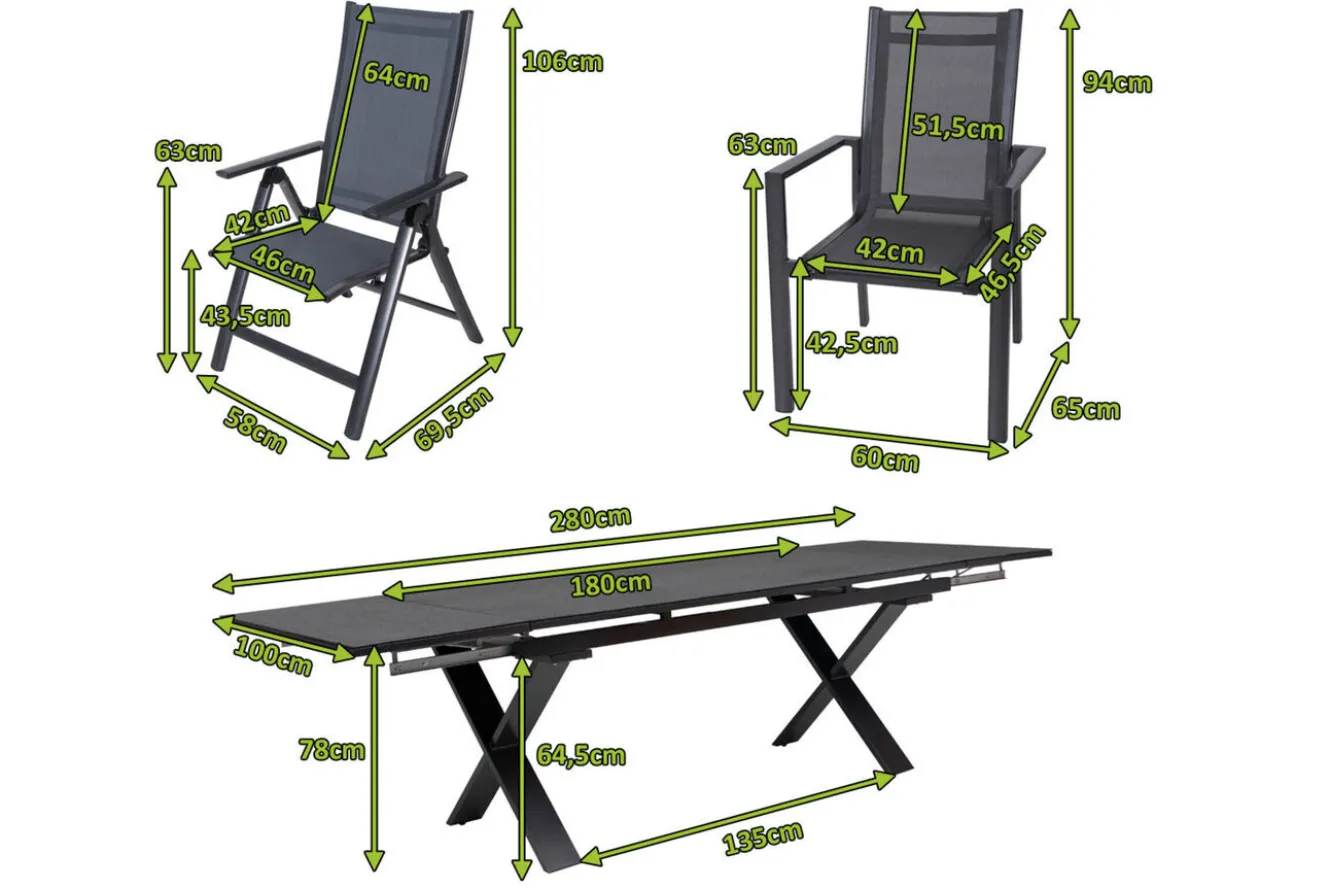 OUTFLEXX Garten-Essgruppe, anthrazit, Alu / Keramik / Textil, 180/280x100cm, 2 Klappstühle, 4 Stapelsessel