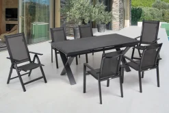 OUTFLEXX Garten-Essgruppe, anthrazit, Alu / Keramik / Textil, 180/280x100cm, 2 Klappstühle, 4 Stapelsessel