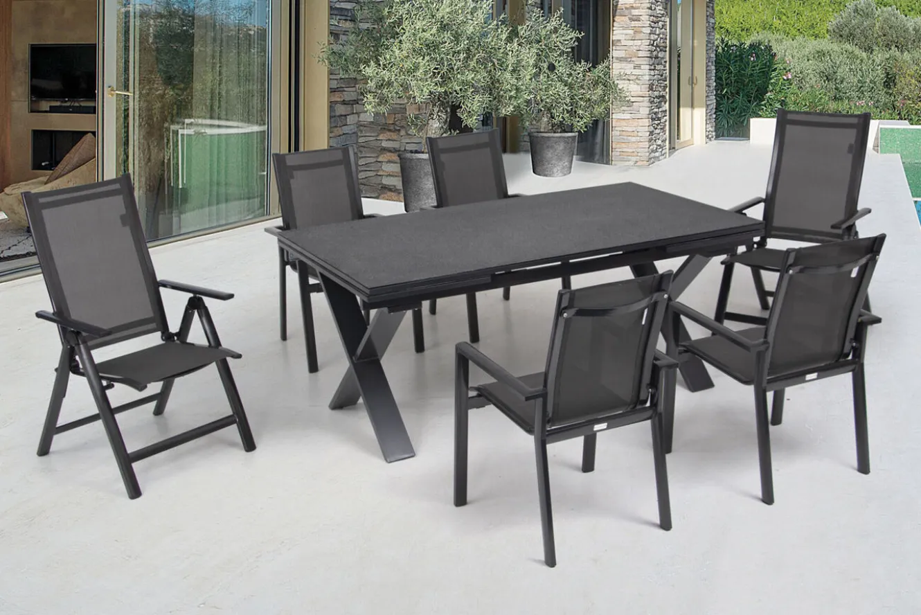 OUTFLEXX Garten-Essgruppe, anthrazit, Alu / Keramik / Textil, 180/280x100cm, 2 Klappstühle, 4 Stapelsessel
