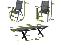 OUTFLEXX Garten-Essgruppe, anthrazit, Alu / Keramik / Textil, 180/280x100cm, 2 Klappstühle, 4 Stapelsessel