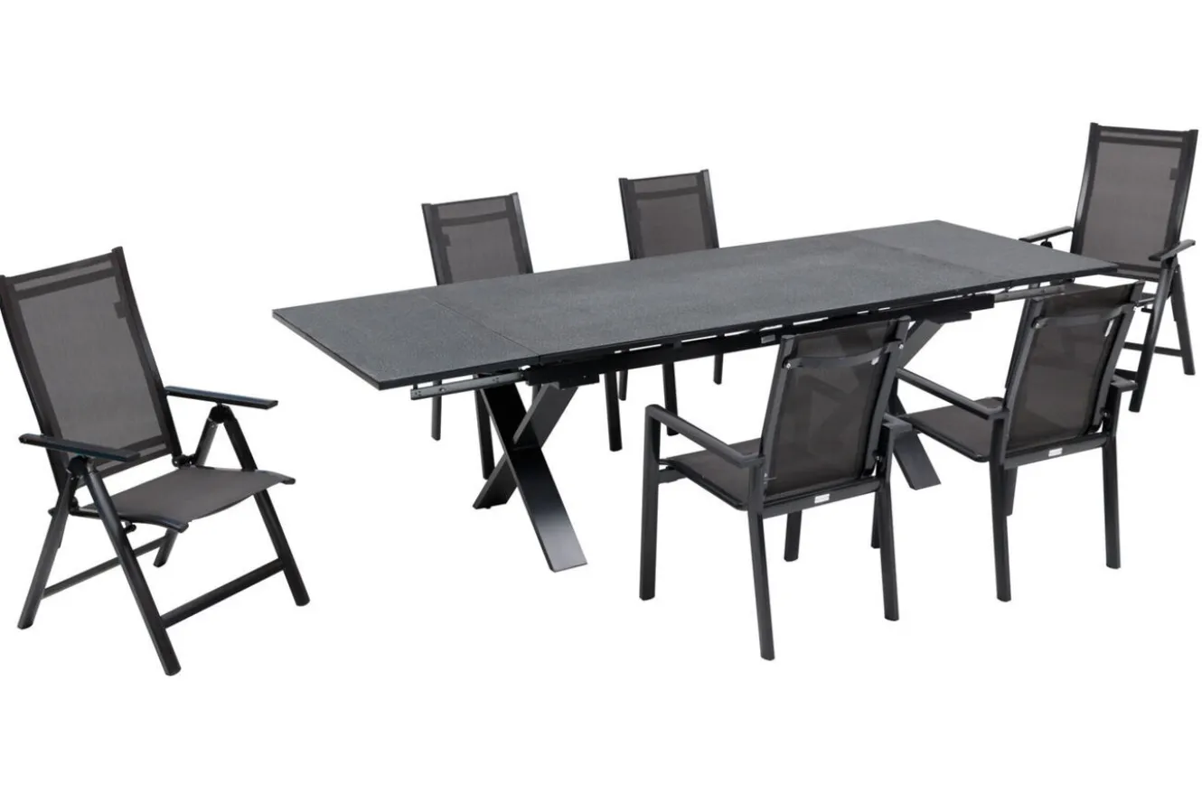 OUTFLEXX Garten-Essgruppe, anthrazit, Alu / Keramik / Textil, 180/280x100cm, 2 Klappstühle, 4 Stapelsessel