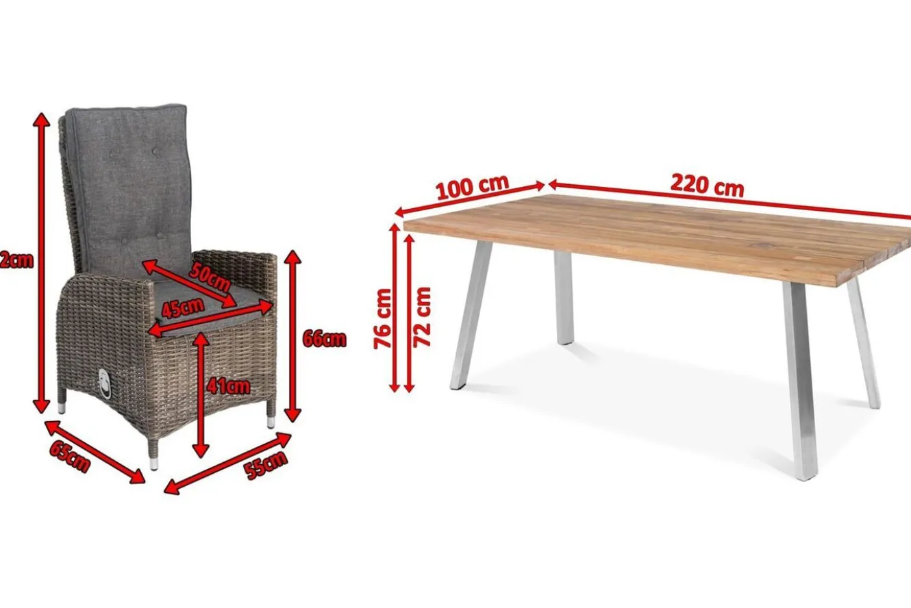 OUTFLEXX Garten-Essgruppe, Edelstahl/recyceltes Teak, Tisch 220x100 cm, 8 Hochlehner- Diningsessel, A-Gestell, FSC®-zertifiziertes Produkt