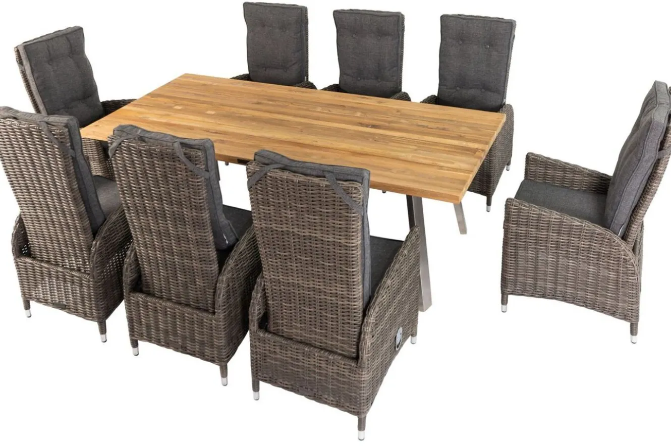 OUTFLEXX Garten-Essgruppe, Edelstahl/recyceltes Teak, Tisch 220x100 cm, 8 Hochlehner- Diningsessel, A-Gestell, FSC®-zertifiziertes Produkt