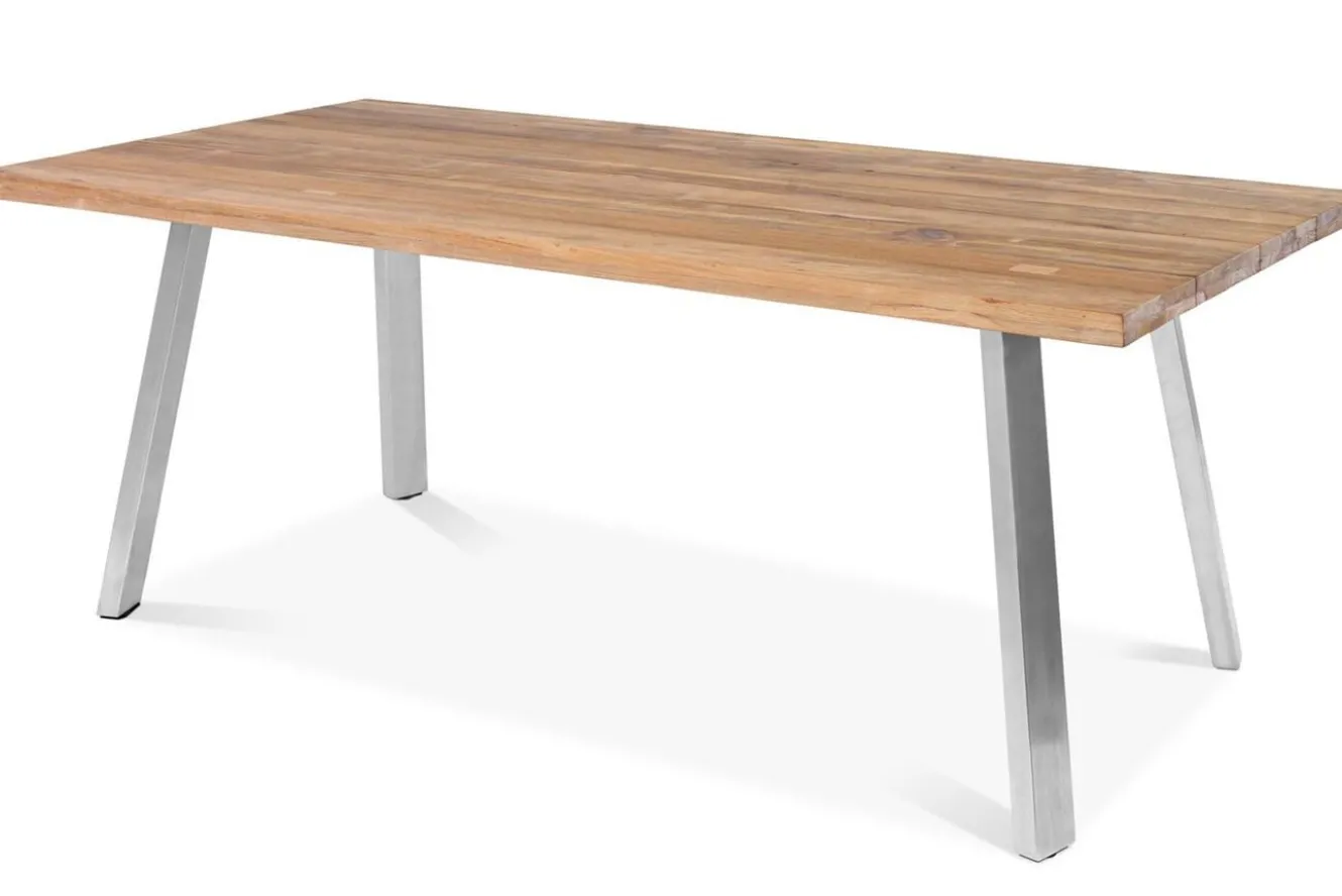 OUTFLEXX Garten-Essgruppe, Edelstahl/recyceltes Teak, Tisch 220x100 cm, 6 Hochlehner- Diningsessel, A-Gestell, FSC®-zertifiziertes Produkt