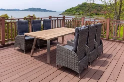 OUTFLEXX Garten-Essgruppe, Edelstahl/recyceltes Teak, Tisch 220x100 cm, 6 Hochlehner- Diningsessel, A-Gestell, FSC®-zertifiziertes Produkt