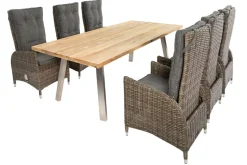 OUTFLEXX Garten-Essgruppe, Edelstahl/recyceltes Teak, Tisch 220x100 cm, 6 Hochlehner- Diningsessel, A-Gestell, FSC®-zertifiziertes Produkt