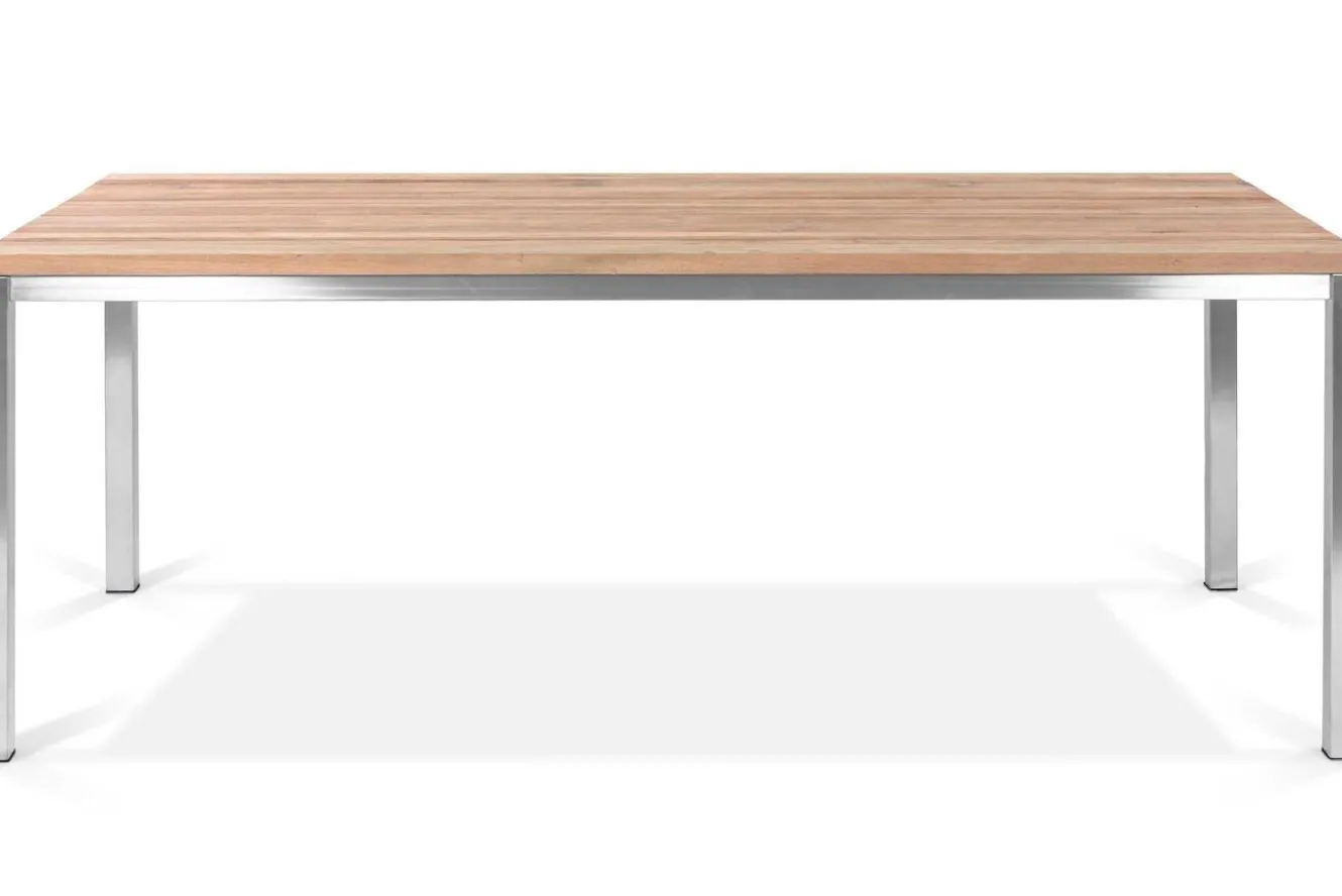 OUTFLEXX Garten-Essgruppe, Edelstahl / Teak, Tisch 200 x 100 cm, 6 Klappstühle, schwarz