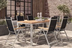 OUTFLEXX Garten-Essgruppe, Edelstahl / Teak, Tisch 200 x 100 cm, 6 Klappstühle, schwarz