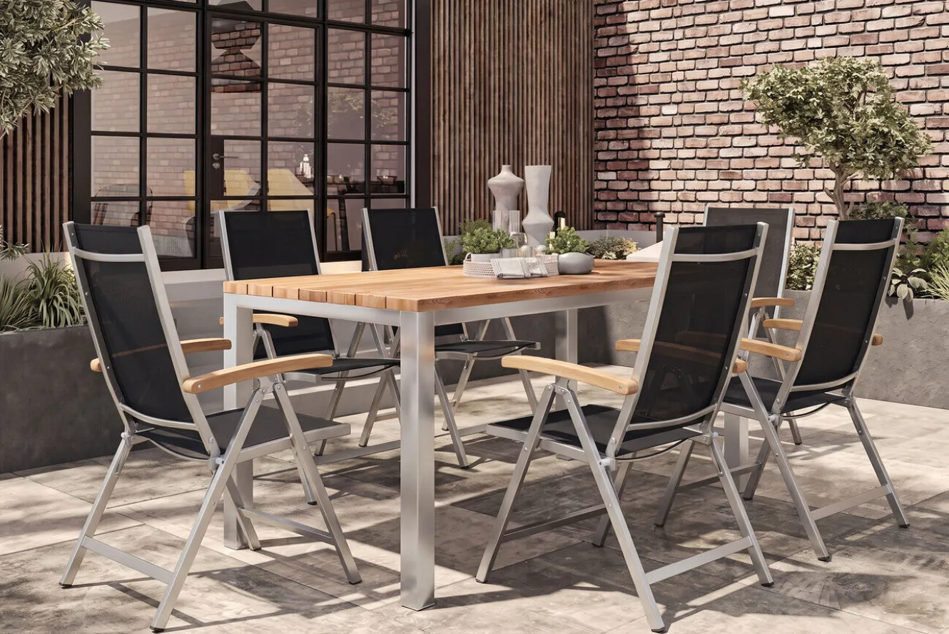 OUTFLEXX Garten-Essgruppe, Edelstahl / Teak, Tisch 200 x 100 cm, 6 Klappstühle, schwarz