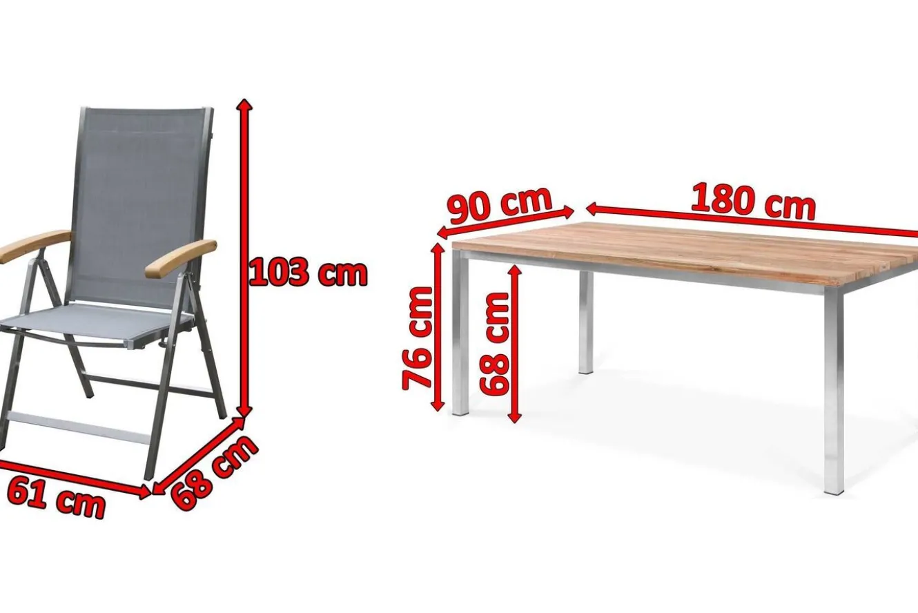 OUTFLEXX Garten-Essgruppe, Edelstahl/recyceltes Teak, Tisch 180 x 90 cm, 6 Klappstühle, silber, FSC®-zertifiziertes Produkt