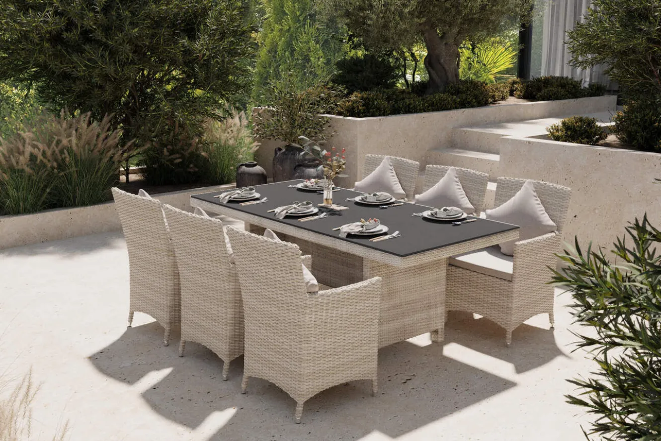 OUTFLEXX Garten-Essgruppe für 6 Personen, desert-beige, Alu/Polyrattan, Esstisch 200x95 cm
