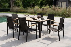 OUTFLEXX Garten-Essgruppe für 6 Pesonen, anthrazit matt, Alu/Textilene, Tisch 180/240 x 100 cm, stapelbare Sessel, FSC®-zertifizertes Produkt