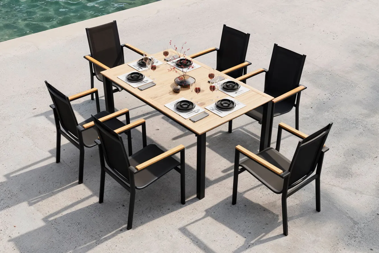 OUTFLEXX Garten-Essgruppe für 6 Pesonen, anthrazit matt, Alu/Textilene, Tisch 180/240 x 100 cm, stapelbare Sessel, FSC®-zertifizertes Produkt