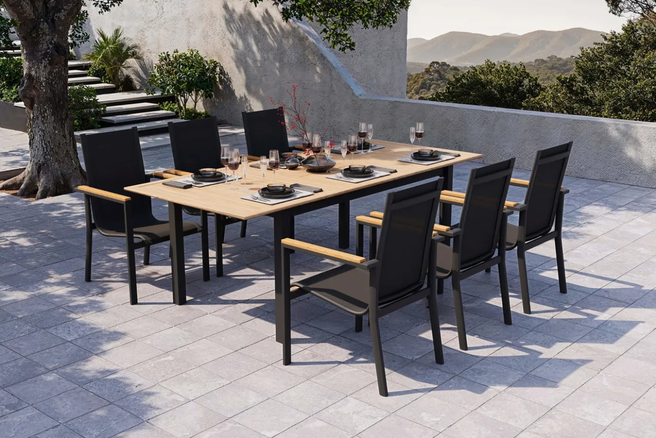 OUTFLEXX Garten-Essgruppe für 6 Pesonen, anthrazit matt, Alu/Textilene, Tisch 180/240 x 100 cm, stapelbare Sessel, FSC®-zertifizertes Produkt