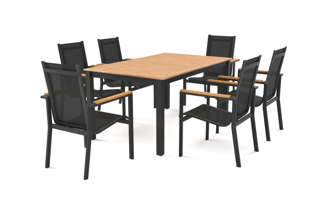 OUTFLEXX Garten-Essgruppe für 6 Pesonen, anthrazit matt, Alu/Textilene, Tisch 180/240 x 100 cm, stapelbare Sessel, FSC®-zertifizertes Produkt