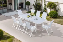 OUTFLEXX Garten-Essgruppe für 8 Personen, weiß/hellgrau, Alu/Sicherheitsglas, Tisch ausziehbar, Stühle klappbar