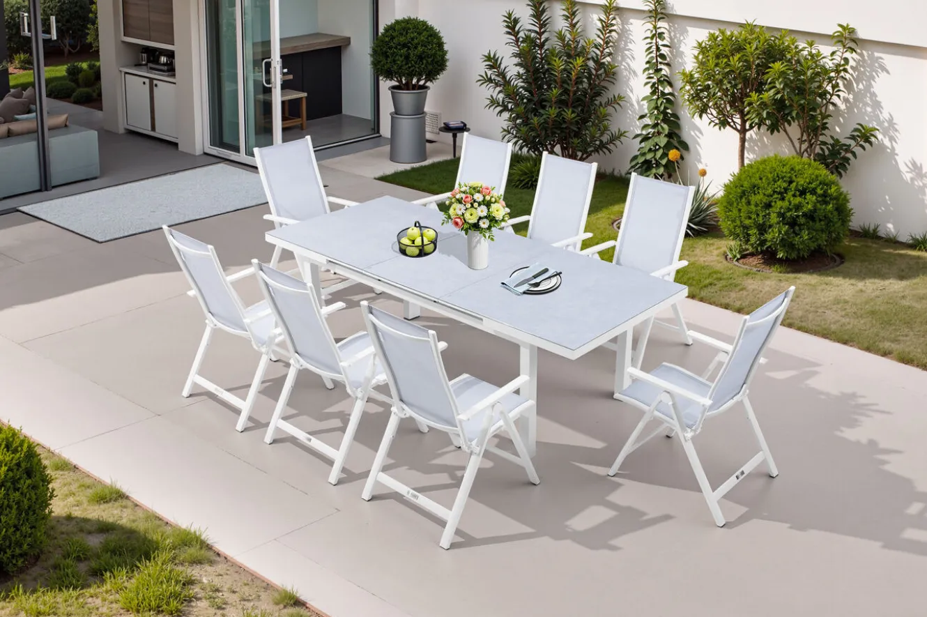 OUTFLEXX Garten-Essgruppe für 8 Personen, weiß/hellgrau, Alu/Sicherheitsglas, Tisch ausziehbar, Stühle klappbar