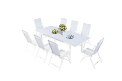 OUTFLEXX Garten-Essgruppe für 8 Personen, weiß/hellgrau, Alu/Sicherheitsglas, Tisch ausziehbar, Stühle klappbar