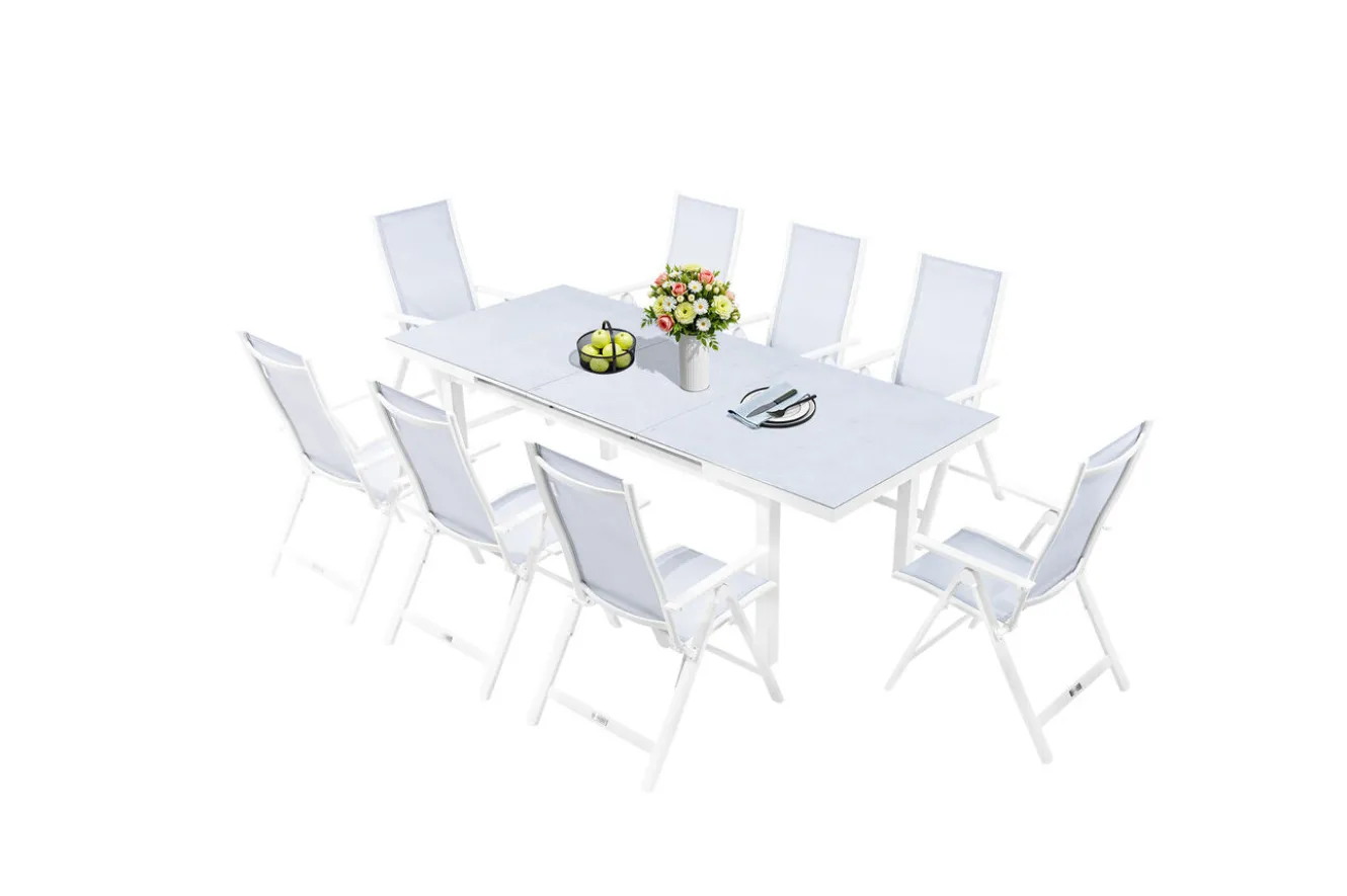 OUTFLEXX Garten-Essgruppe für 8 Personen, weiß/hellgrau, Alu/Sicherheitsglas, Tisch ausziehbar, Stühle klappbar