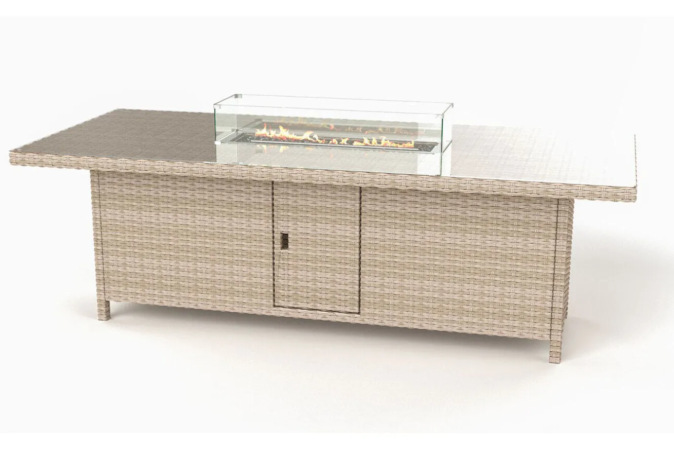 OUTFLEXX Garten-Essgruppe für 6 Personen, dessert-beige, Alu/Polyrattan, mit Feuertisch 200 x 100 cm, UV- & witterungsbeständig